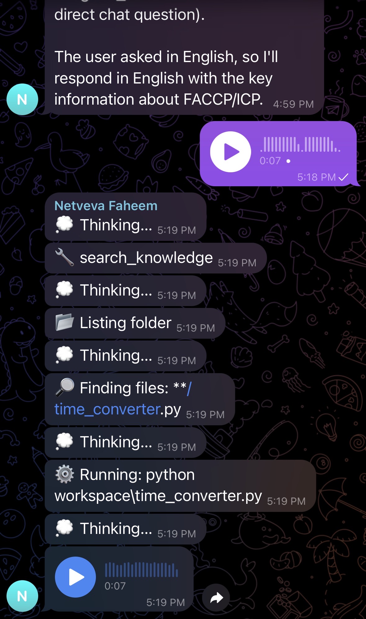 Faheem on Telegram visualising its tool calls while answering a voice note