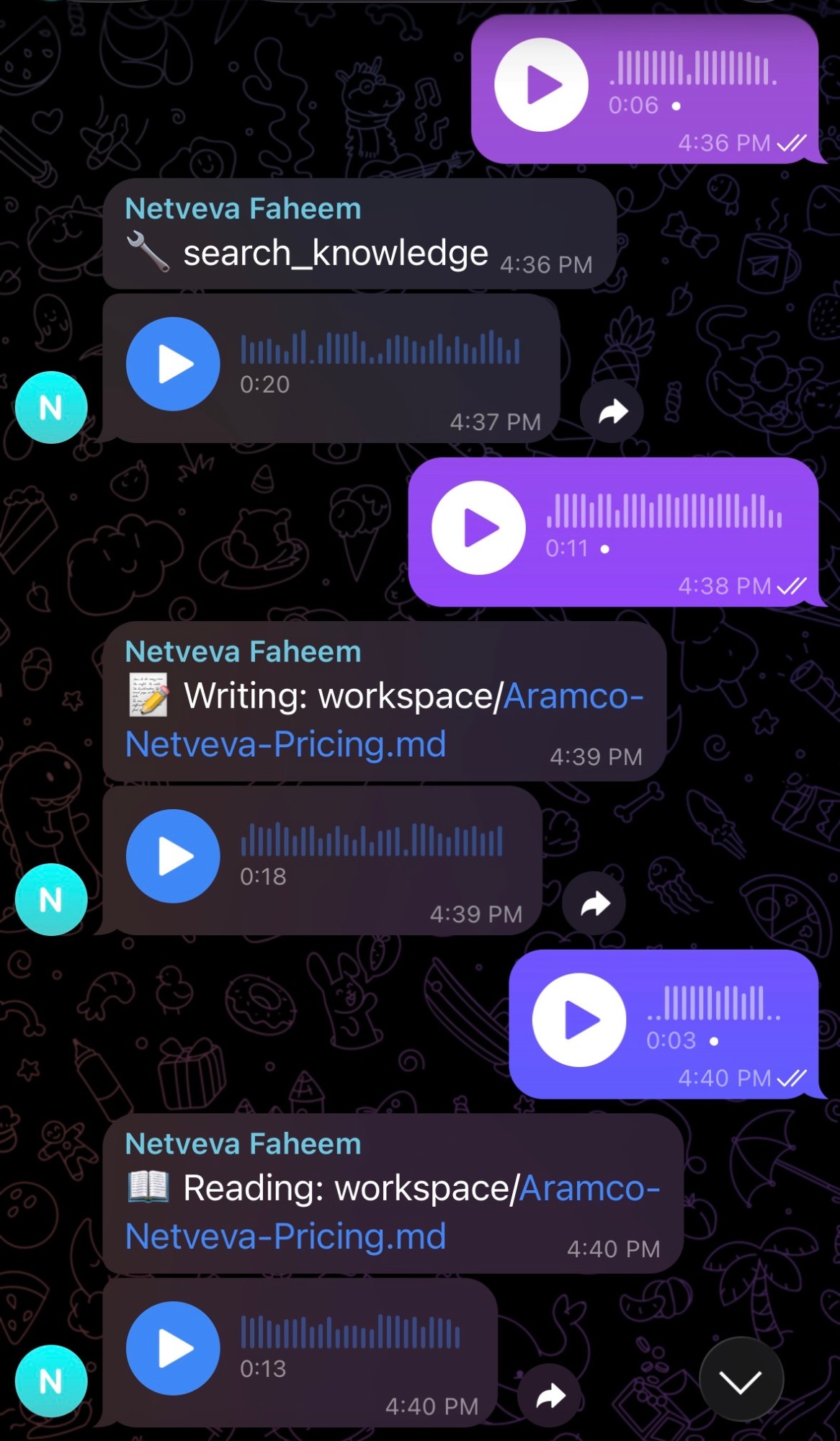 Voice note conversation with Faheem on Telegram, writing and reading files