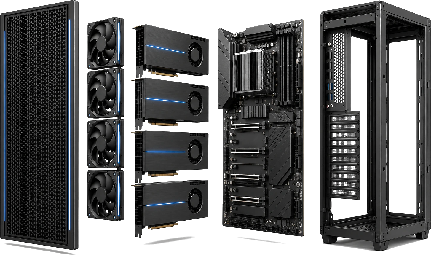 Exploded view of a Faheem GPU server: chassis, four GPUs, motherboard, cooling and power supply